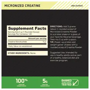Creatina Micronizada Monohidratada Optimum Nutrition 600g — 120 servicios miniatura 2